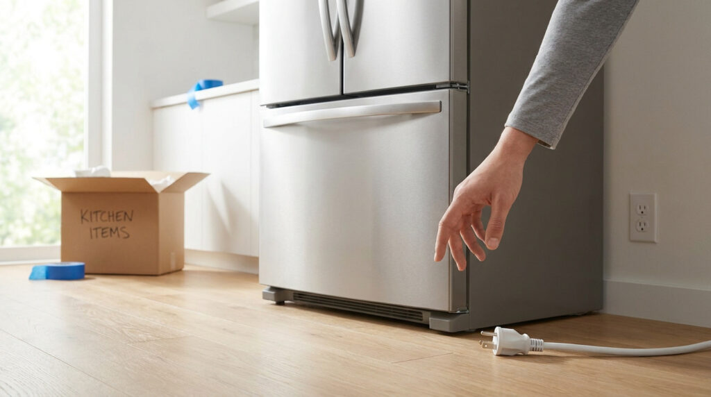 Une main s'apprête à brancher un réfrigérateur neuf dans une cuisine lors d'un déménagement.