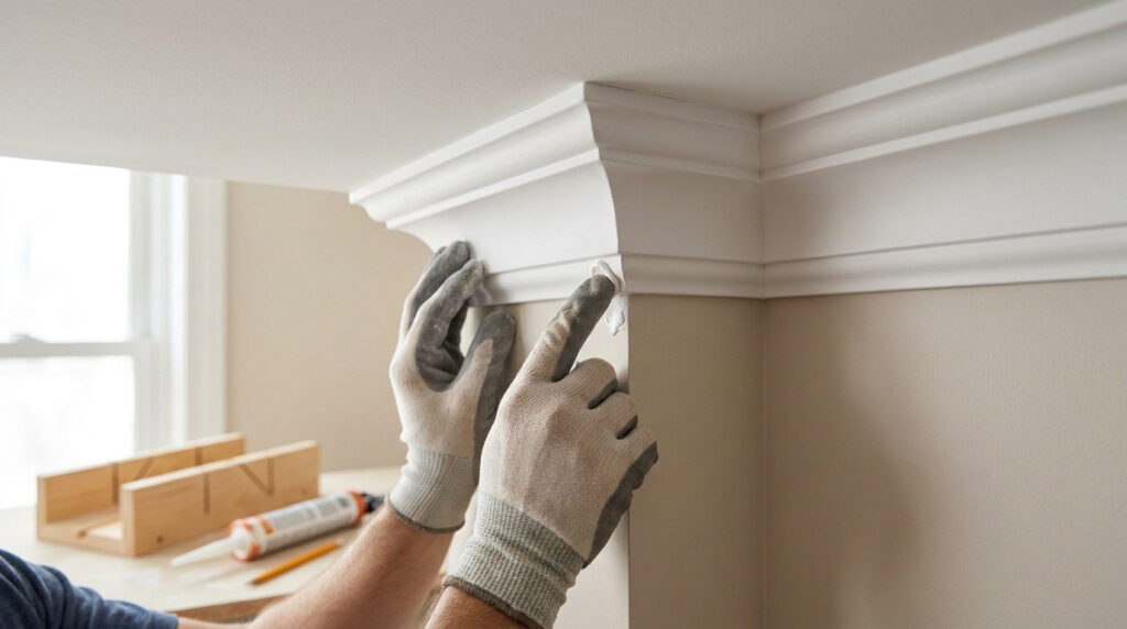 Des mains gantées appliquent du mastic pour finir la pose d'une corniche blanche décorative à l'angle d'un plafond.