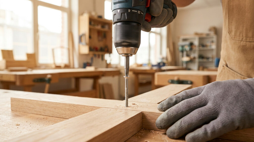 Un artisan utilisant une visseuse électrique pour assembler deux pièces de bois dans un atelier.
