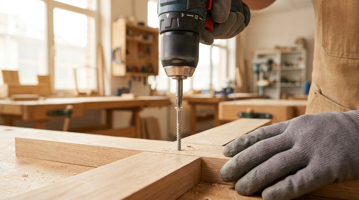 Un artisan utilisant une visseuse électrique pour assembler deux pièces de bois dans un atelier.