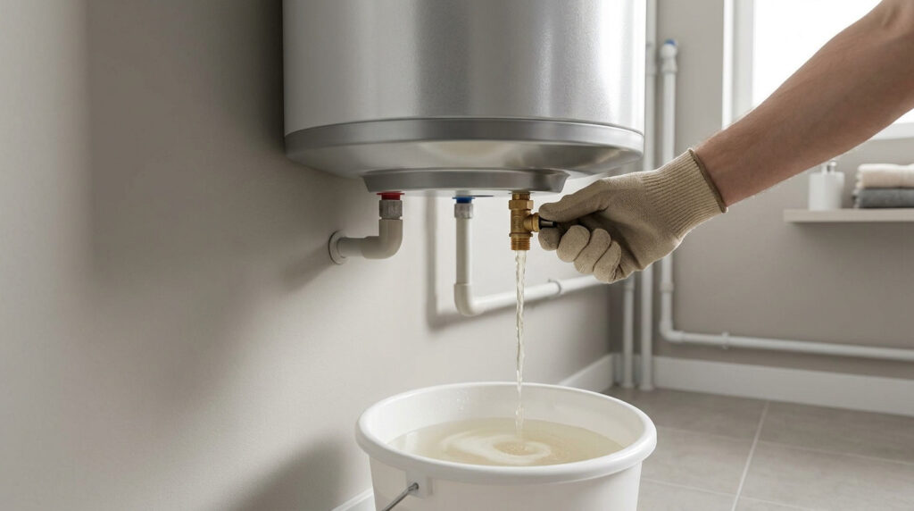 Une main gantée ouvre la vanne d'un chauffe-eau pour vidanger l'eau dans un seau blanc.