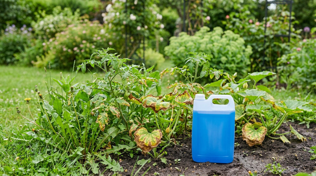 Un bidon de liquide bleu posé au sol dans un potager avec des plantes en mauvaise santé.