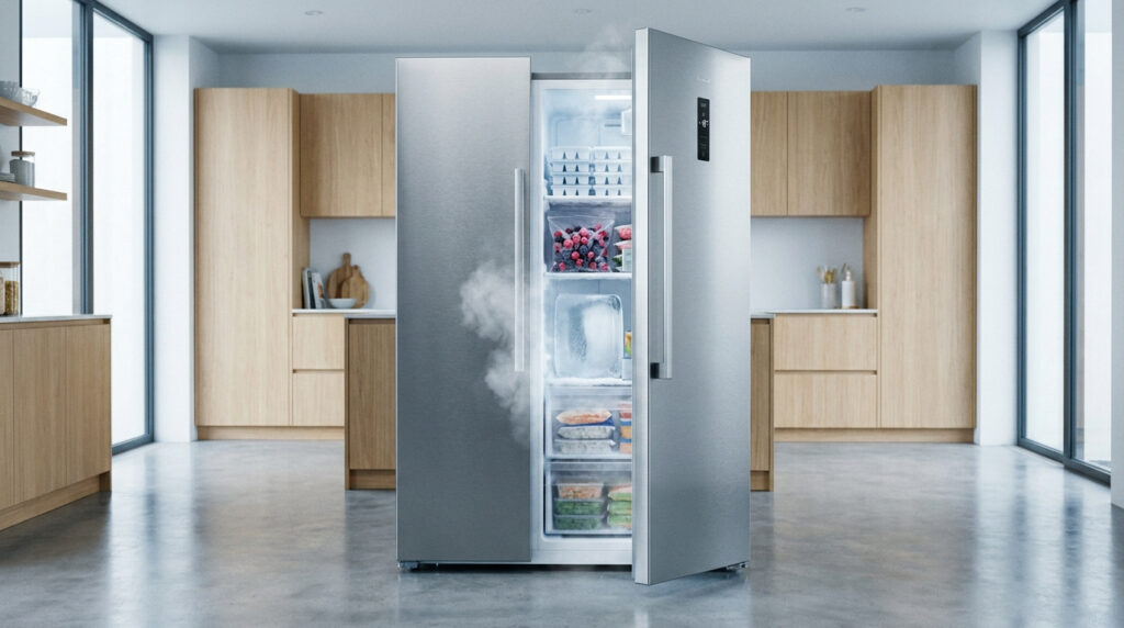 Réfrigérateur américain en inox ouvert dans une cuisine moderne, avec de la buée s'échappant des compartiments.