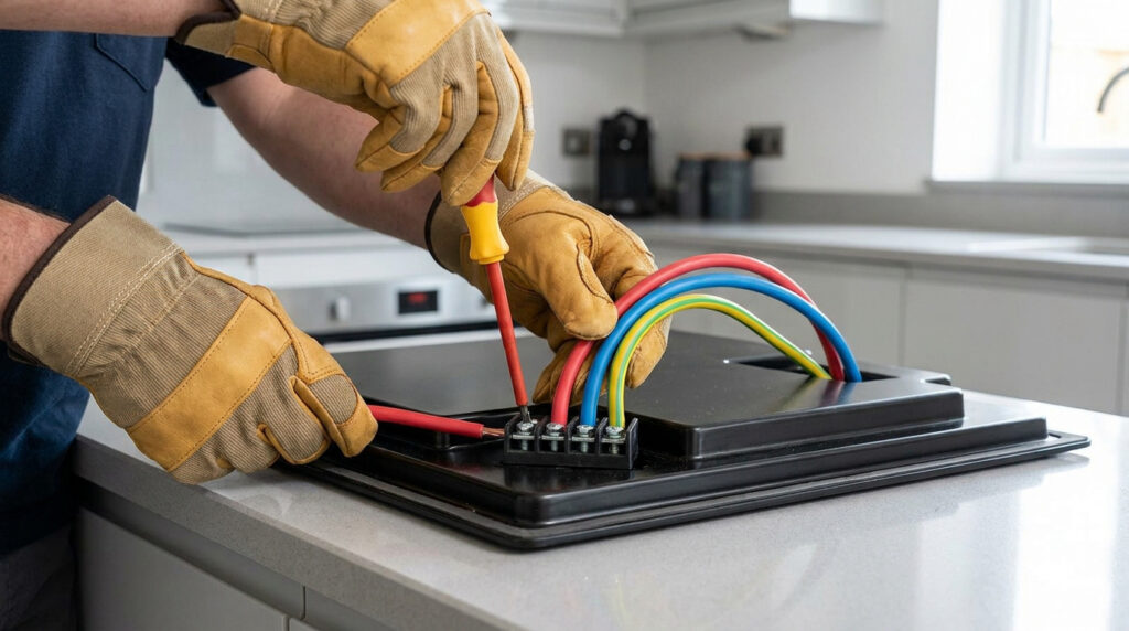 Un électricien portant des gants de protection visse des fils électriques sur une plaque à induction dans une cuisine.