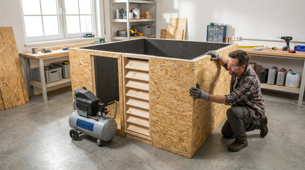 Un homme ajuste un caisson insonorisé en panneaux OSB avec mousse acoustique pour compresseur dans un atelier.