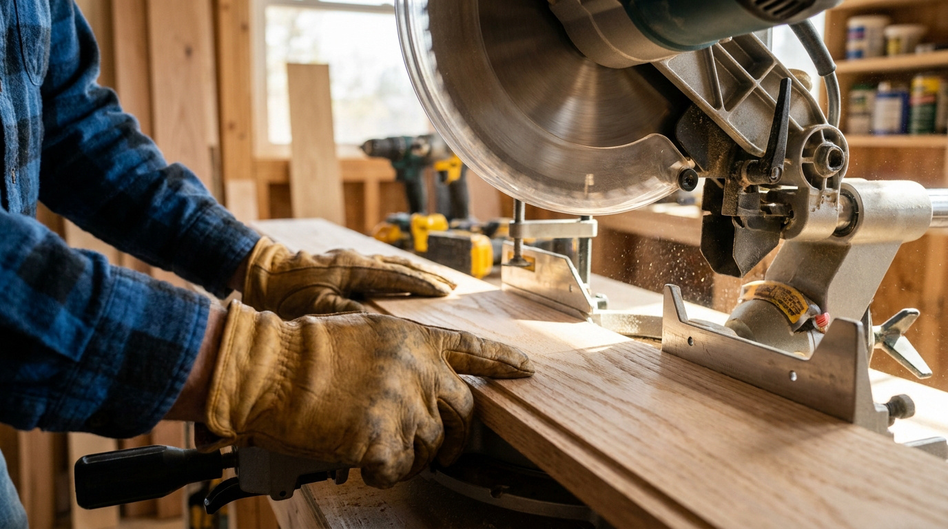 Gros plan d'un artisan portant des gants de protection coupant une planche en bois avec une scie à onglet.