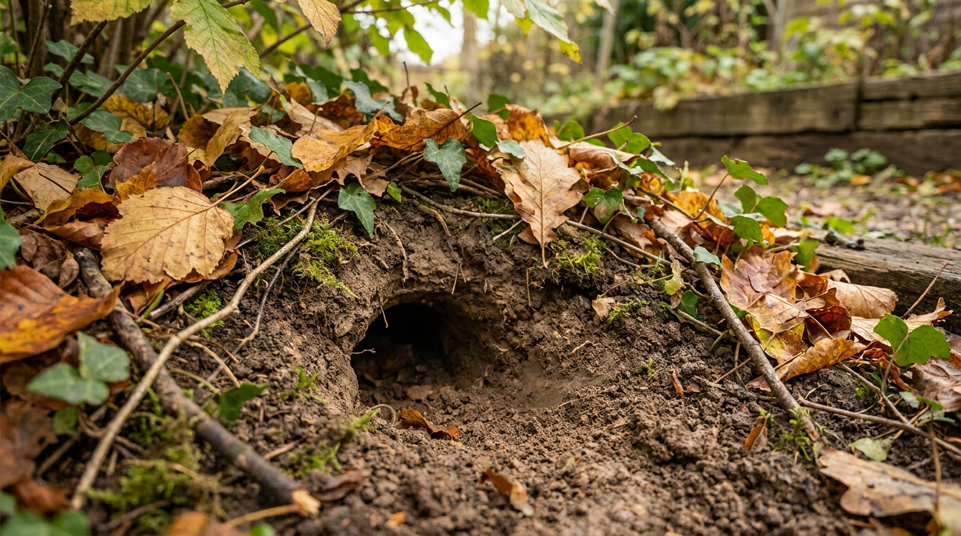 Entrée d'un terrier de hérisson creusé dans la terre et partiellement recouvert de feuilles mortes en automne.