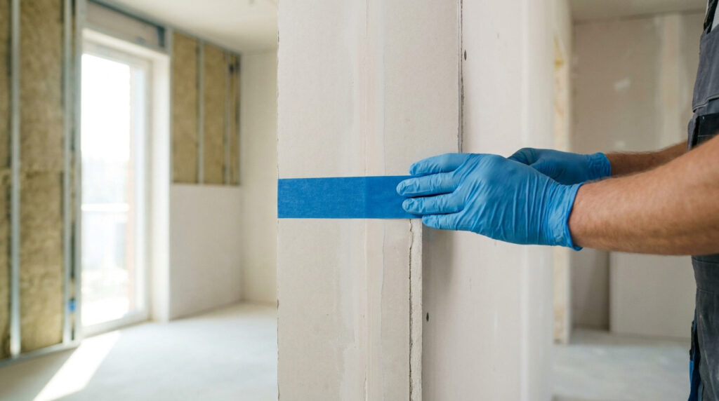Un artisan pose un ruban adhésif bleu sur une jointure de plaque de plâtre pour assurer l'étanchéité à l'air.