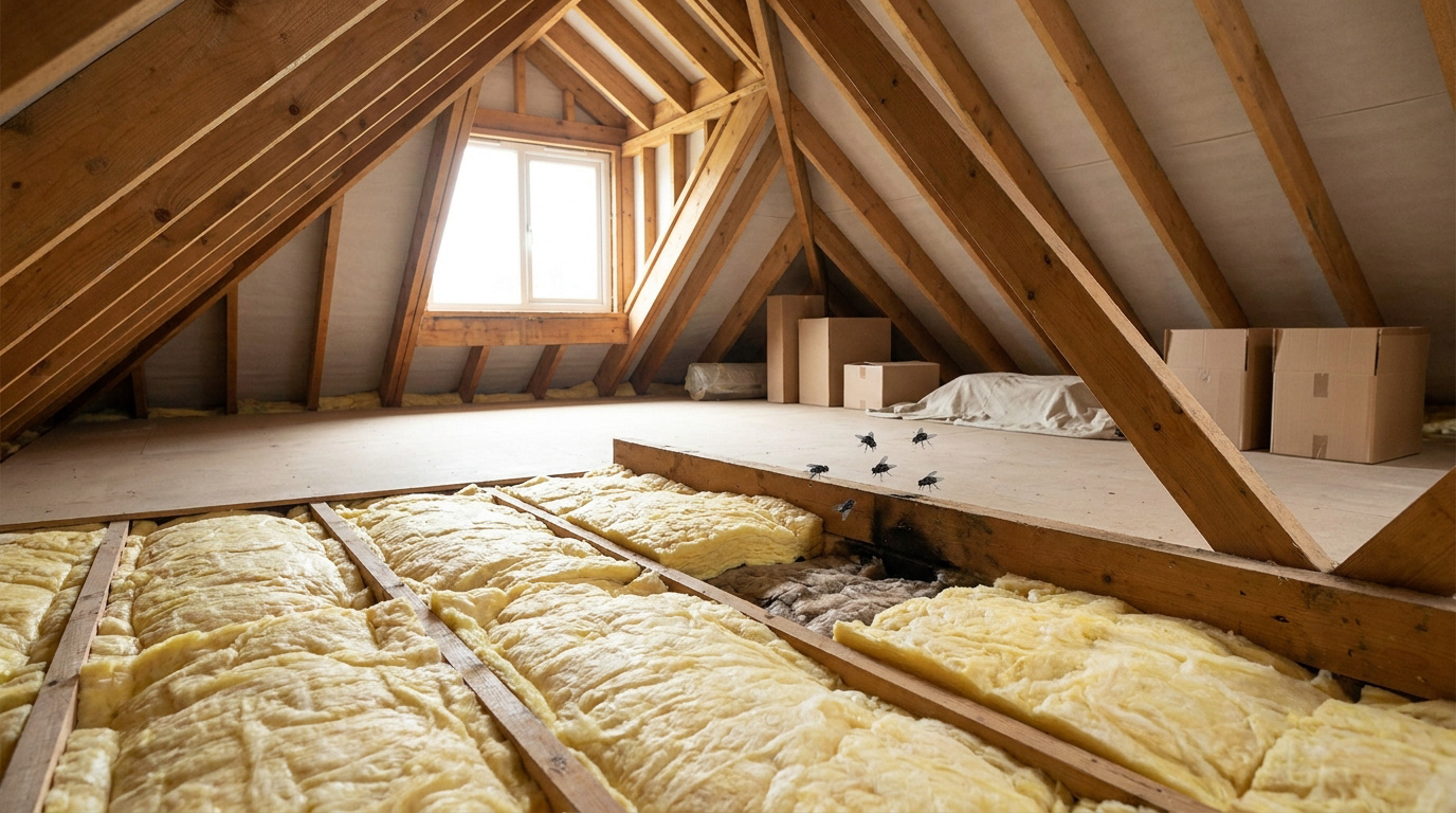 Combles en bois avec isolation jaune au sol et plusieurs mouches volant près d'une zone sombre.