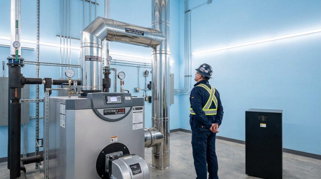 Technicien inspectant une chaudière fioul moderne et son système de tubage en acier inoxydable dans une chaufferie lumineuse.