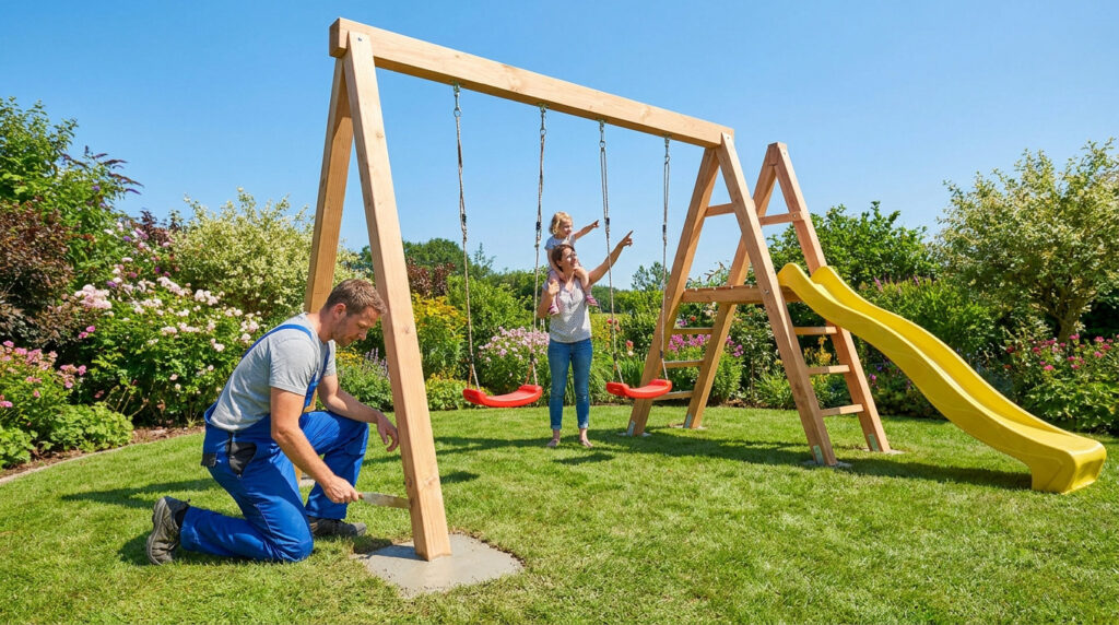 Un bricoleur installe une balançoire en bois Soulet tandis qu'une femme et un enfant regardent dans le jardin.