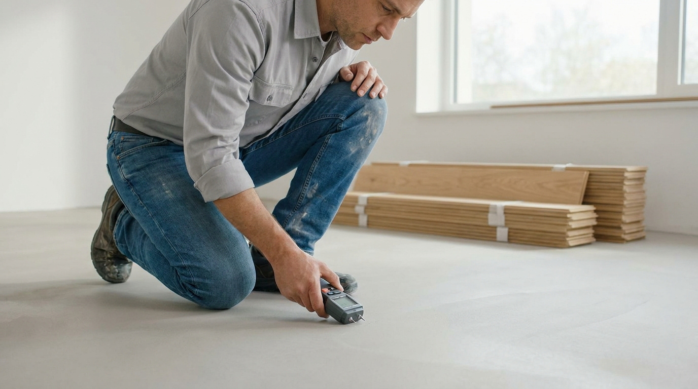 Un artisan vérifie le taux d'humidité d'un sol ragréé avec un humidimètre avant la pose de lames de parquet en bois.