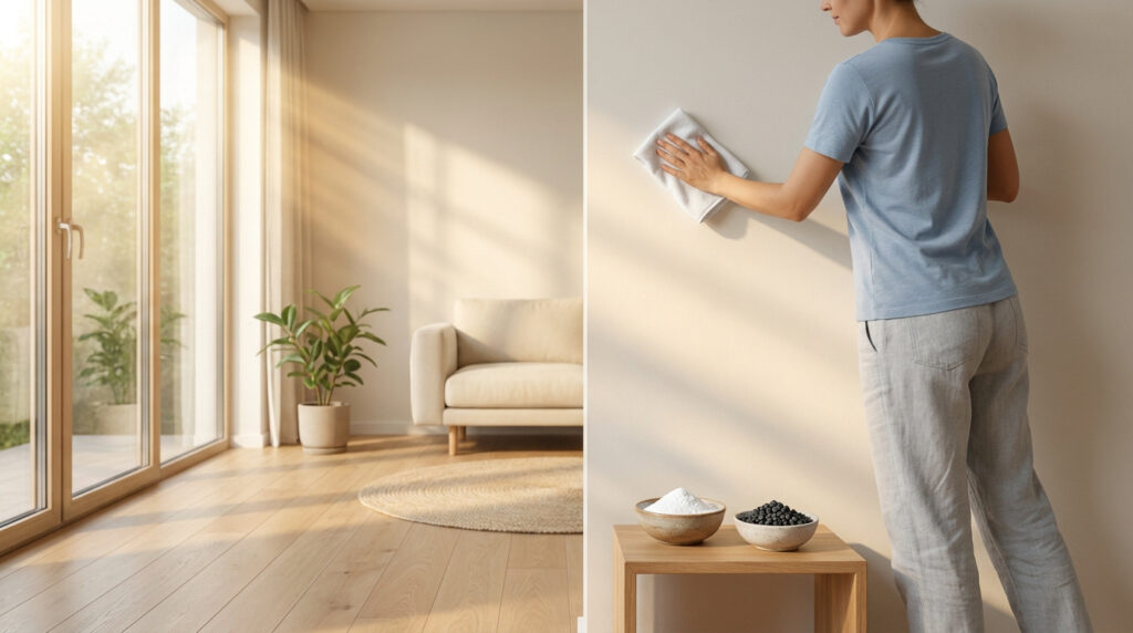 Personne nettoyant un mur, symbolisant l'assainissement. Bols de bicarbonate et charbon actif suggèrent des solutions naturelles.