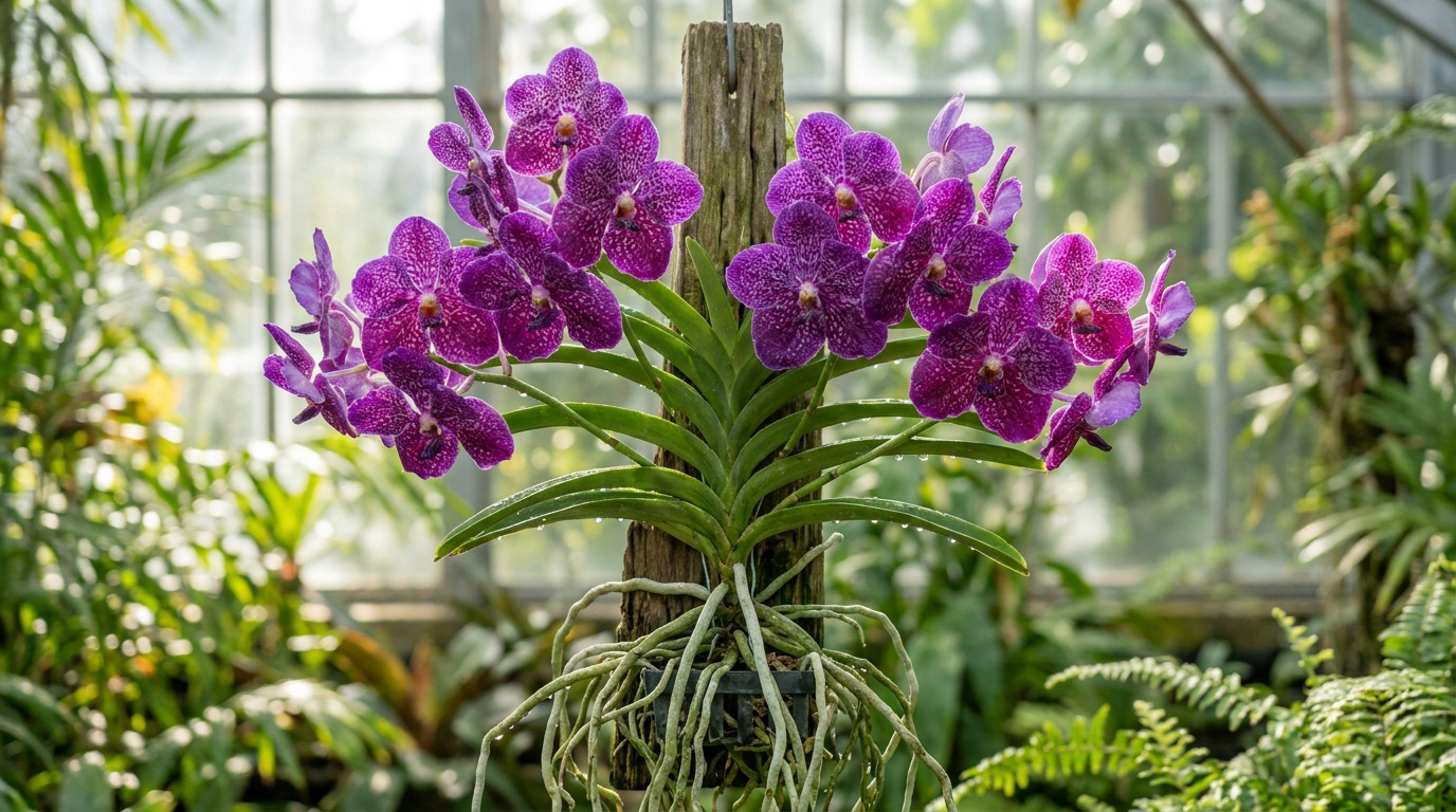 Orchidée Vanda violette suspendue avec ses racines aériennes visibles dans une serre lumineuse.