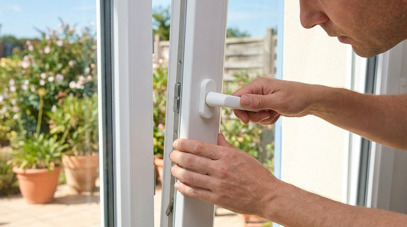 Gros plan sur les mains d'un homme manipulant la poignée d'une porte-fenêtre blanche en PVC bloquée.