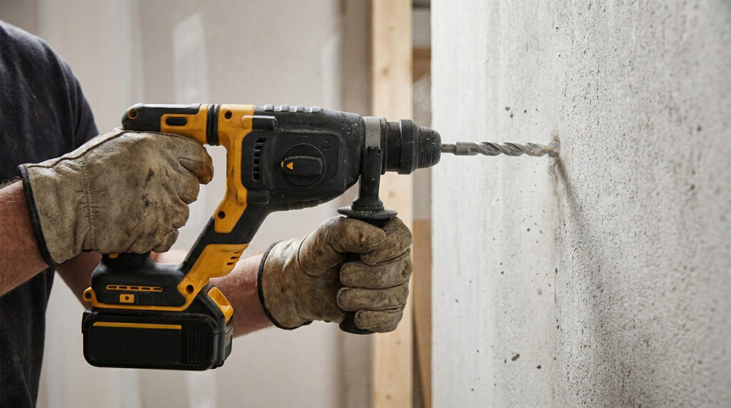 Une personne portant des gants de travail utilise un perforateur sans fil pour percer un trou dans un mur en béton.