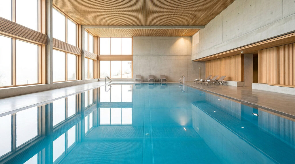 Piscine intérieure moderne avec de grandes baies vitrées, murs en béton et plafond en lattes de bois clair.