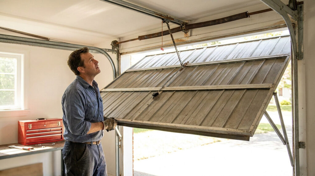 Un homme examine le mécanisme d'une porte de garage métallique en position entrouverte dans un atelier.