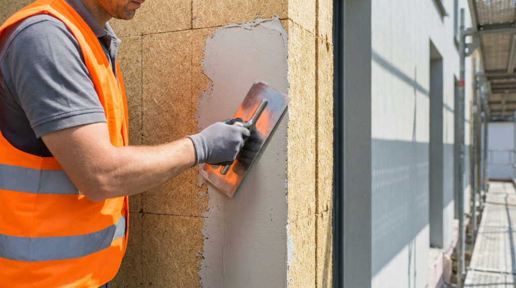 Ouvrier appliquant de l'enduit sur des panneaux d'isolation en fibre de bois pour une façade. Chantier de construction durable.