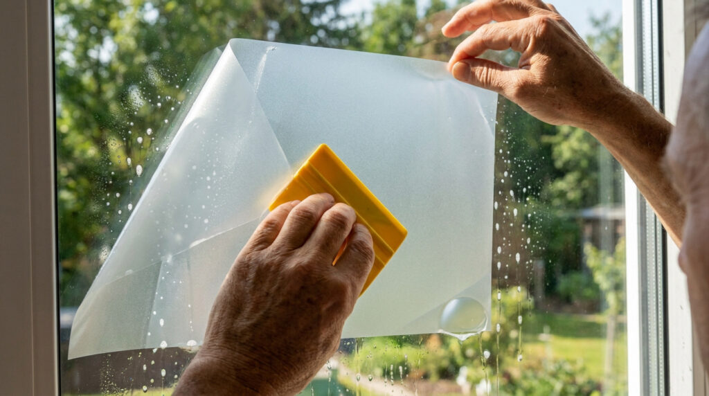 Deux mains appliquent un film dépoli sur une fenêtre avec une raclette jaune. Des gouttes d'eau sont visibles sur la vitre.