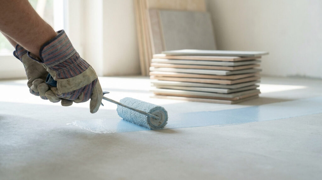 Main gantée appliquant un primaire d'accrochage bleu sur un sol en béton avec un rouleau, pile de carrelage en arrière-plan.