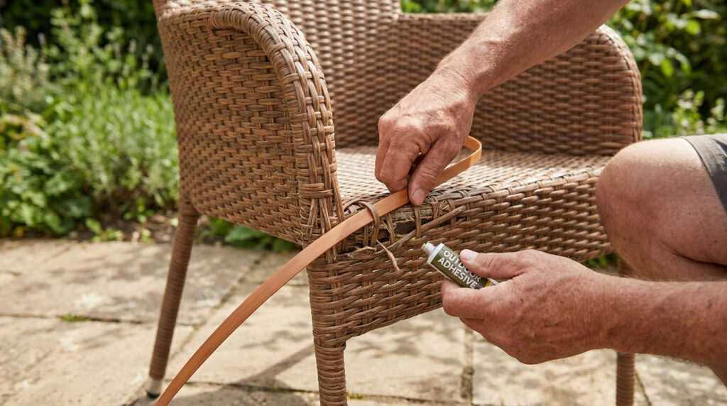 Gros plan sur des mains réparant une chaise tressée marron. Une bande est tressée tandis qu'un tube de colle extérieure est utilisé sur la zone endommagée.