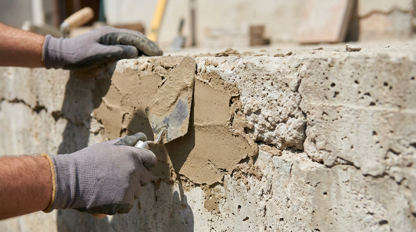 Mains gantées appliquant du mortier sur un mur en béton abîmé à l'aide d'une truelle.