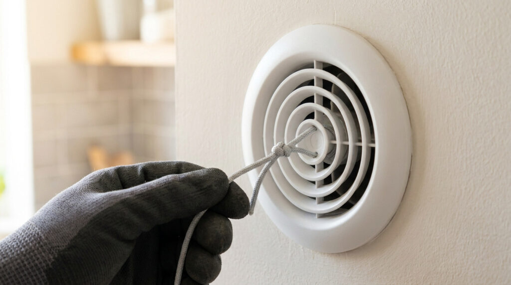 Une main gantée tenant une cordelette grise reliée à une bouche de ventilation VMC murale blanche.