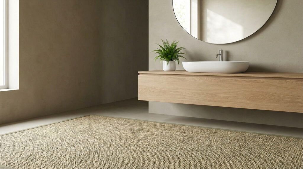 Salle de bain minimaliste avec sol en jonc de mer, meuble vasque suspendu en bois et miroir rond.