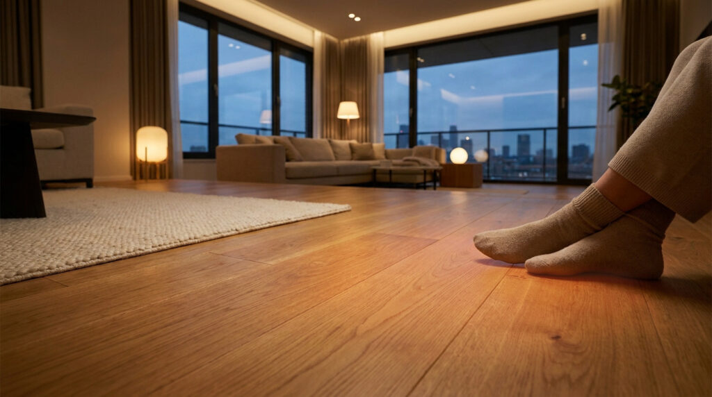 Pieds en chaussettes sur un parquet en bois clair qui rayonne de chaleur, dans un salon moderne avec vue urbaine au crépuscule.