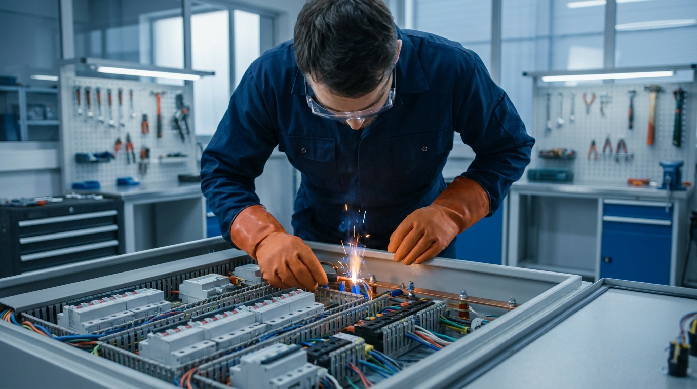 Un électricien portant des gants isolants effectue une maintenance sur un tableau électrique sous tension.