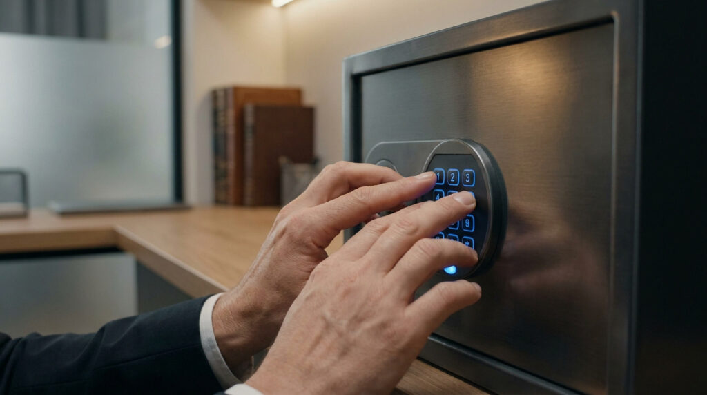 Mains d'une personne en costume tapant un code sur le clavier électronique d'un coffre-fort en métal.