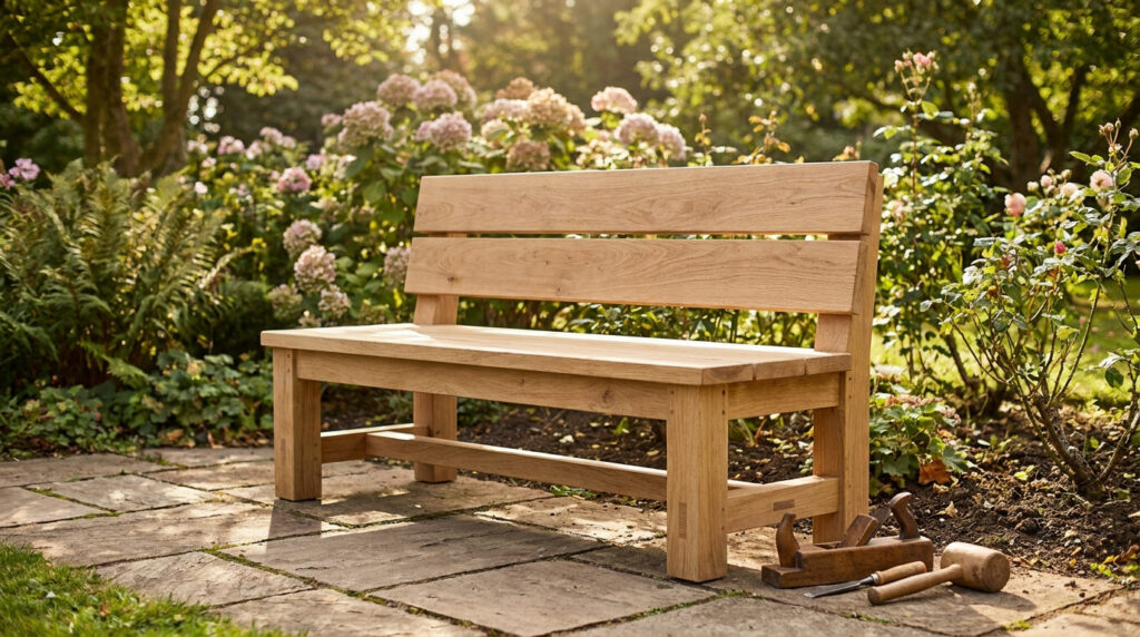 Banc de jardin en chêne massif posé sur une terrasse en pierre avec des outils de menuiserie au premier plan.
