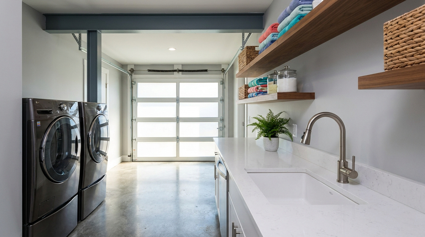 Buanderie moderne aménagée dans un garage avec lave-linge, sèche-linge, évier et étagères en bois.