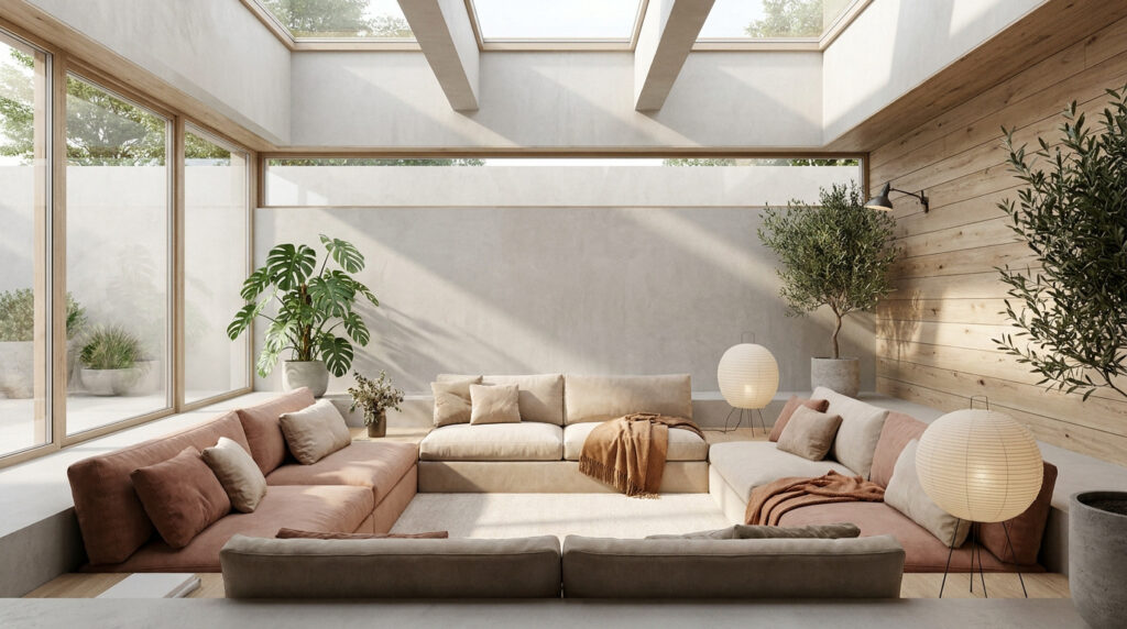 Un salon sunken lounge avec un canapé en U, des tons beiges et boisés, baigné de lumière naturelle par une verrière.