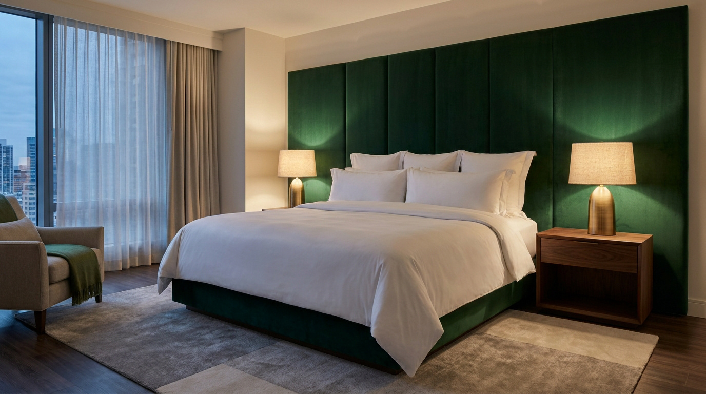 Suite d'hôtel luxueuse avec une tête de lit en velours vert émeraude, un lit blanc et des lampes en laiton.