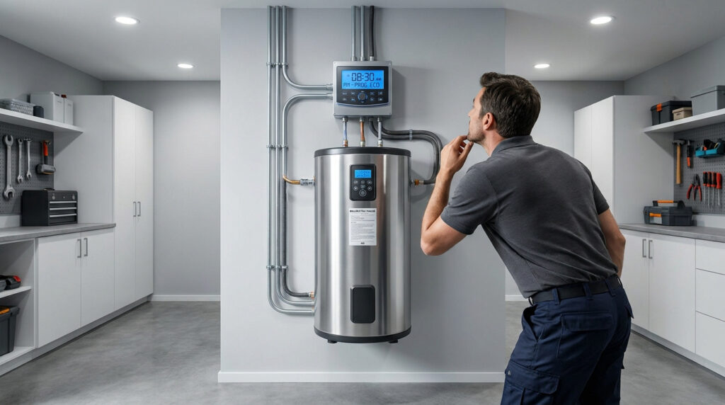 Un technicien examine un chauffe-eau moderne en acier inoxydable avec une horloge de programmation murale.