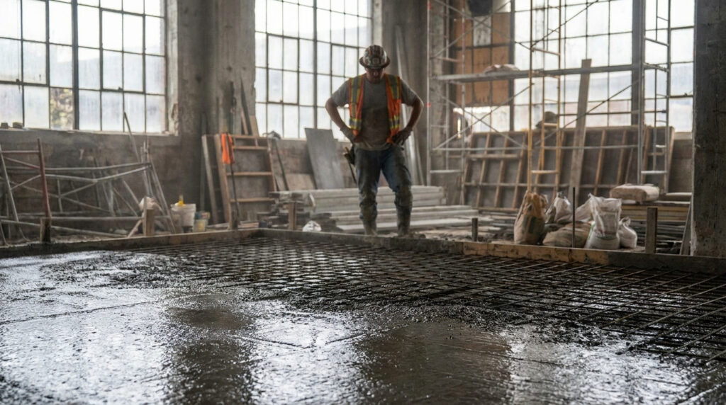 Ouvrier en tenue de chantier observant une dalle en béton frais avec treillis métallique.