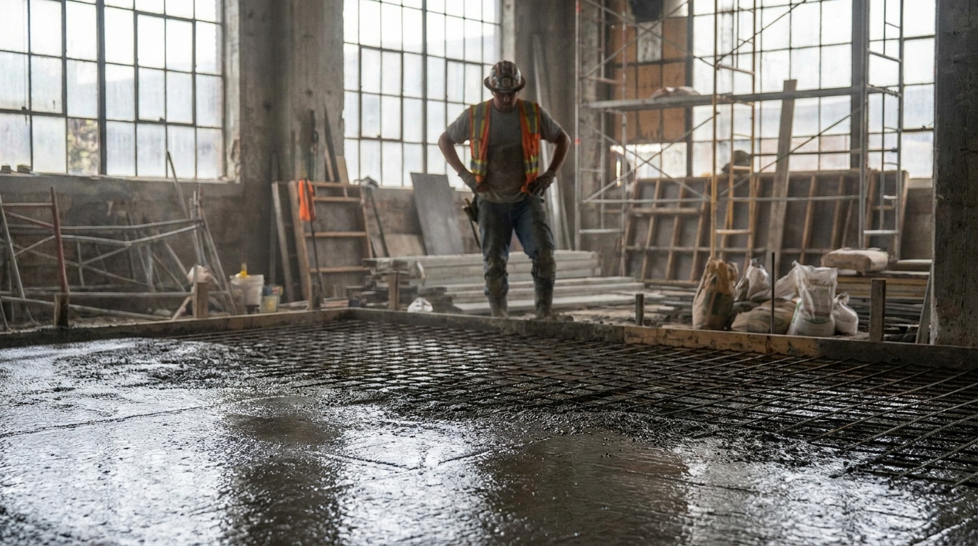 Ouvrier en tenue de chantier observant une dalle en béton frais avec treillis métallique.