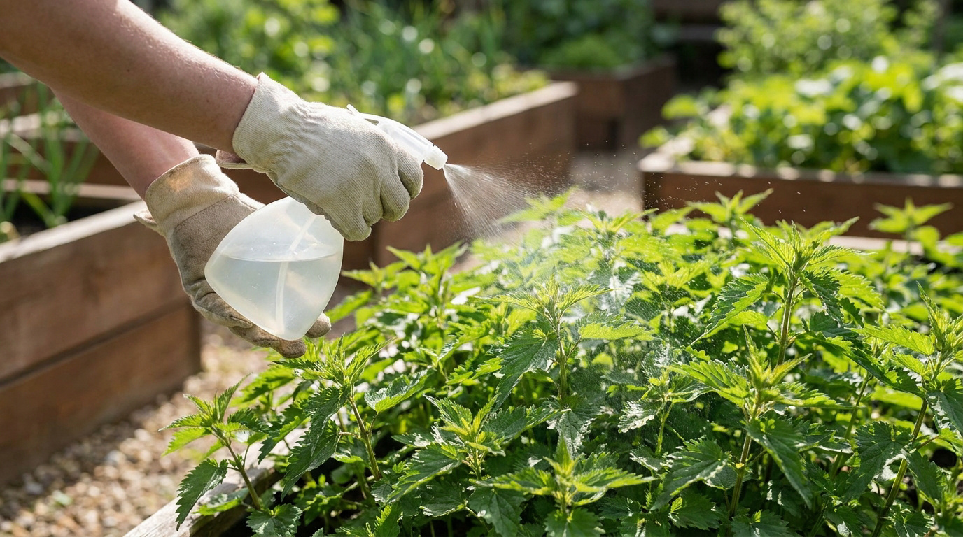 Une personne gantée pulvérise du vinaigre sur des orties dans un potager en bois.