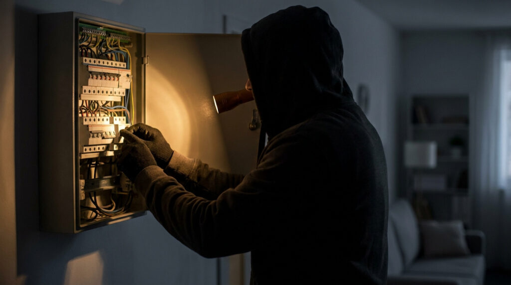 Une personne en sweat à capuche vérifie le tableau électrique avec une lampe torche lors d'une panne de courant.