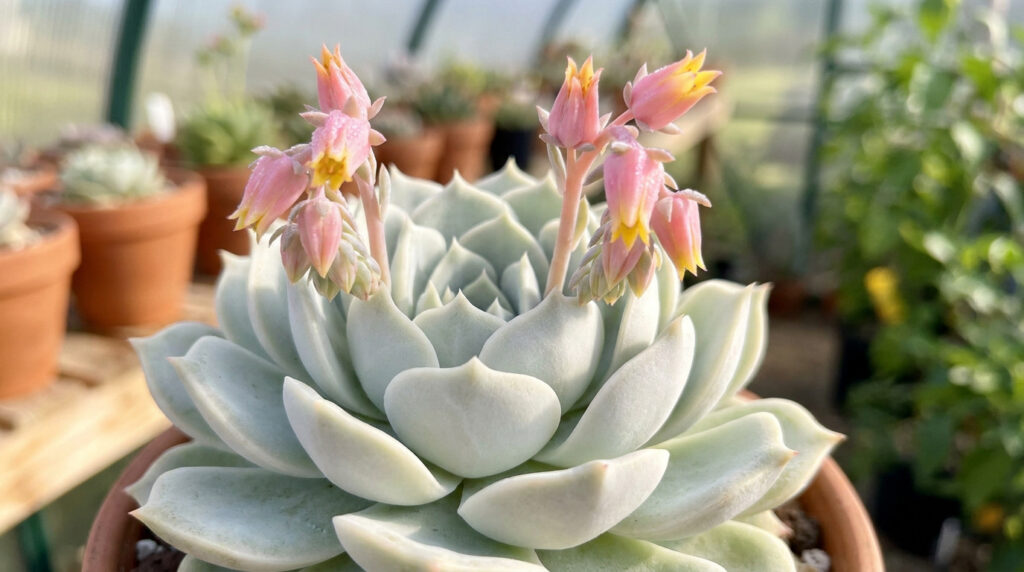 Une plante grasse Echeveria elegans avec des fleurs roses et jaunes en forme de clochettes dans une serre.