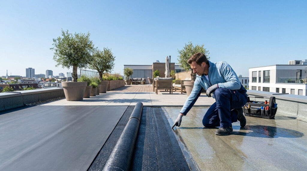 Un ouvrier installe une membrane d'étanchéité noire sur un toit-terrasse résidentiel ensoleillé.