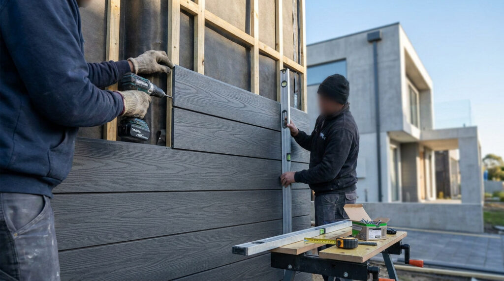 Deux ouvriers installent des lames de bardage composite sur une structure en bois avec une visseuse et un niveau à bulle.