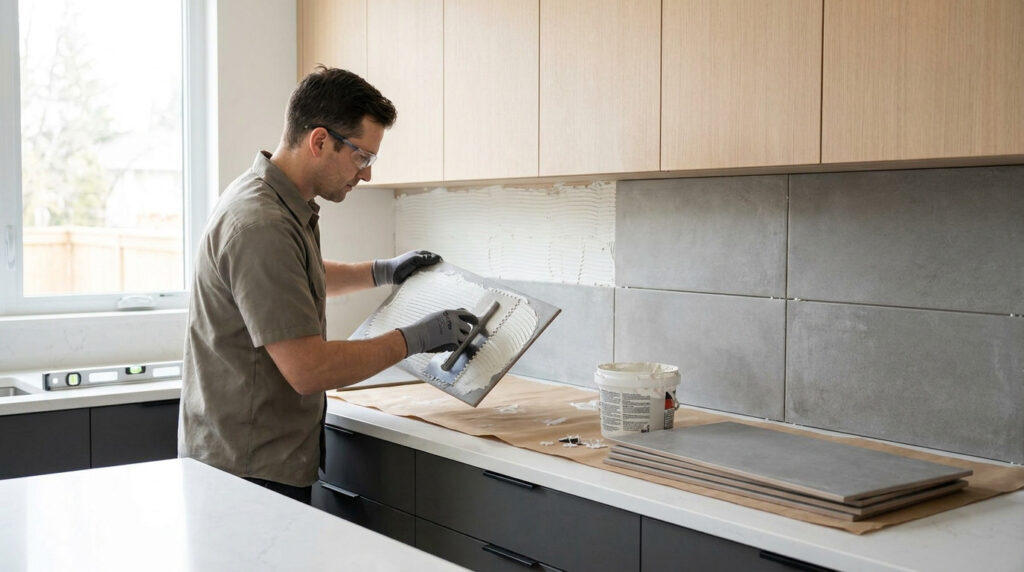 Un artisan en tenue de travail applique de la colle sur un carreau de crédence dans une cuisine moderne.