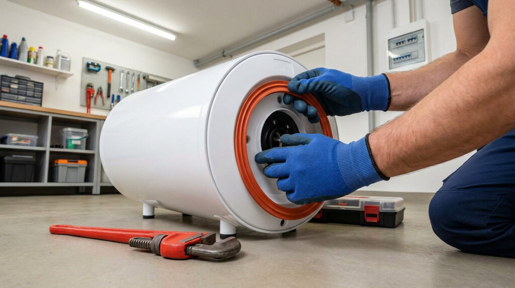 Un technicien avec des gants bleus installe un joint d'étanchéité orange sur la bride d'un chauffe-eau blanc.