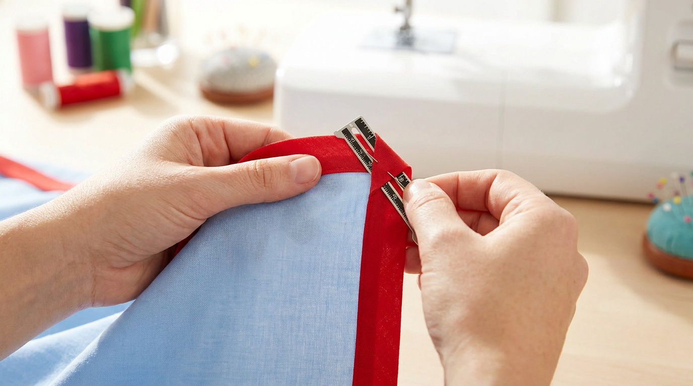 Mains ajustant un ruban de biais rouge sur un tissu bleu à l'aide d'un petit guide métallique pour un angle parfait.