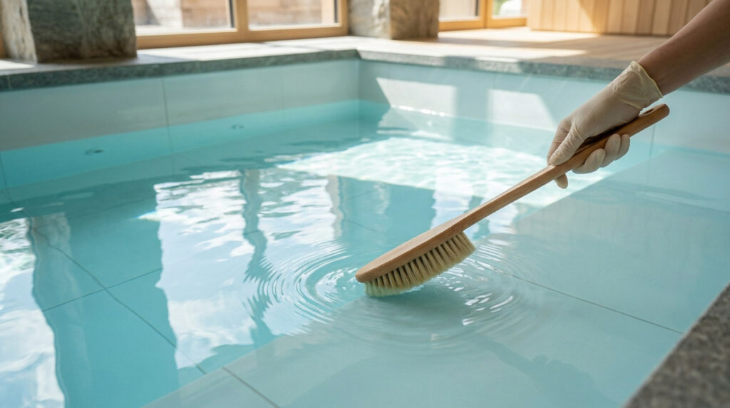 Une main gantée utilisant une brosse à long manche en bois pour nettoyer le fond d'un spa carrelé rempli d'eau claire.