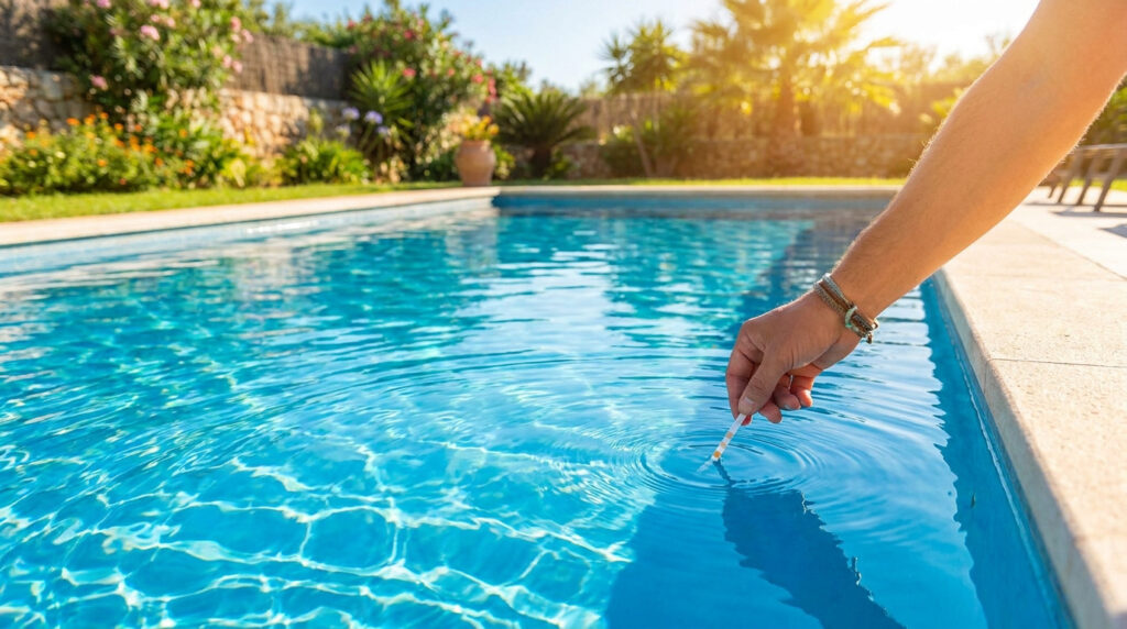 Main plongeant une bandelette de test dans l'eau claire d'une piscine extérieure ensoleillée.
