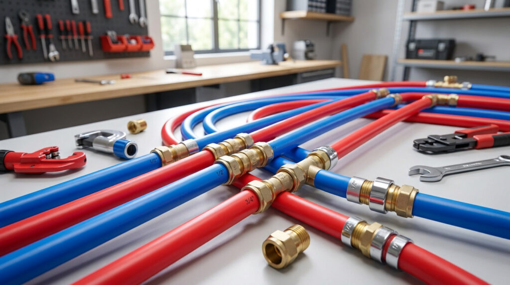 Tubes PEX rouge et bleu reliés par des raccords en laiton sur un établi avec des outils de plomberie.